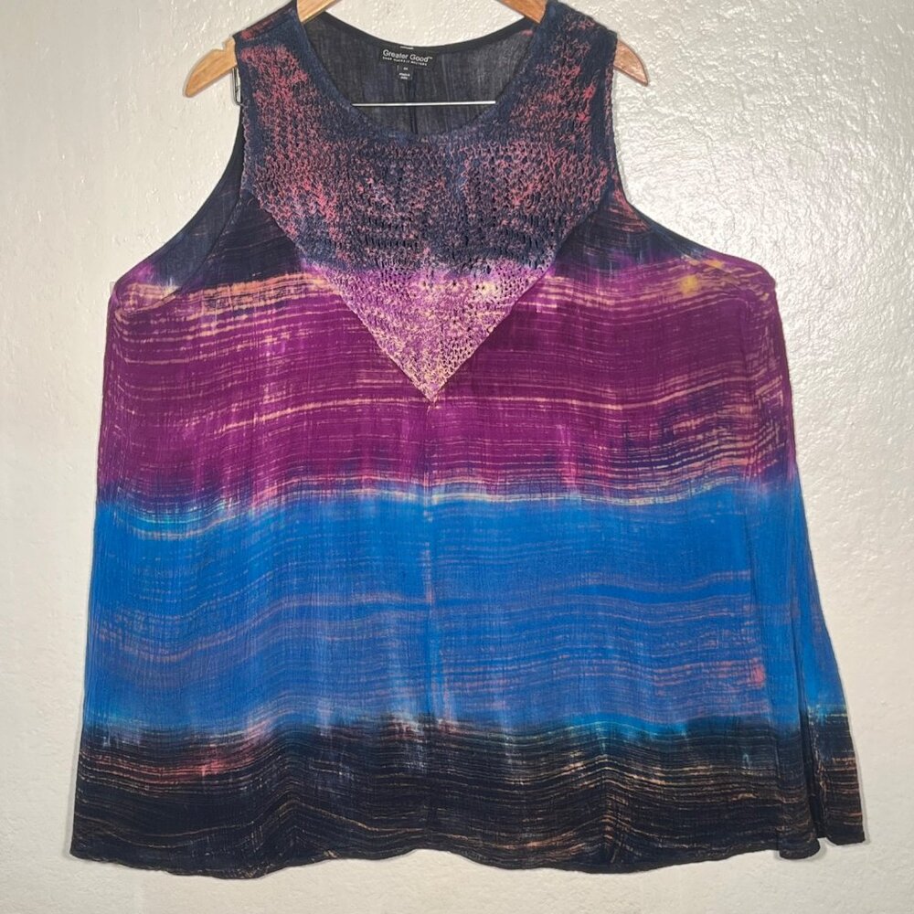 Greater Good Womens 4X Sleeveless Tie-Dye Tunic Top 100% Rayon Multicolor Boho